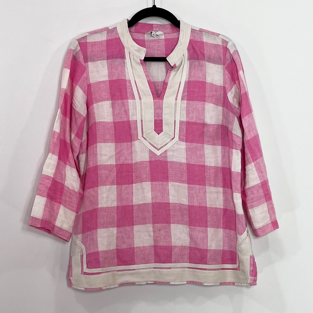 Crown & Ivy Pink Buffalo Check 100% Linen Tunic Top Womens Size M Split Neck